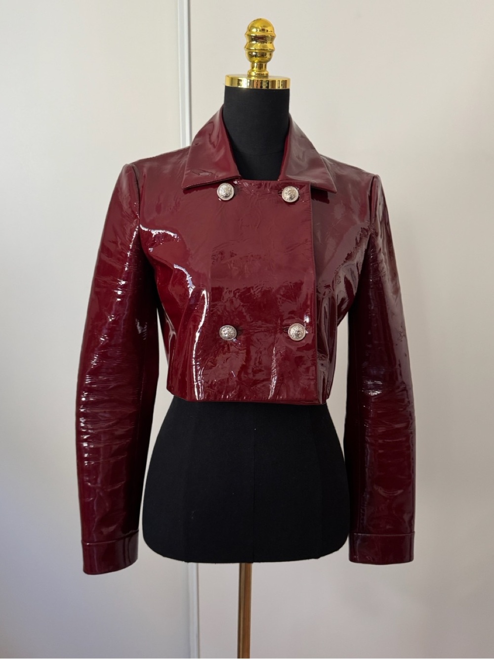 Versus Versace Cropped Patent Leather Jacket Burgundy Size 38